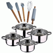 BERGNER - Batterie de cuisine DINA 8pcs 16/18/20/24cm en acier inoxydable compatible induction avec set de 5 ustensiles de cuisine en silicone et bois