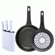 BERGNER - Jeu de 2 Poêles Ø24/28 cm en Aluminium Coulé avec Manche en Bakélite et Jeu de 3 Couteaux avec Bloc de Couteaux en Acier Inoxydable - PK9820