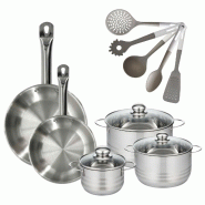 Lot 2 Poêles 24/28 cm Fackelmann Eterna avec 3 Faitouts 16/20/24 cm et 5 ustensiles de cuisine - gris Acier inoxydable 18/10 3176239921793