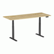 KIMEX - Bureau motorisé assis-debout 180x75cm, Plateau bois clair rustique à bords arrondis/Pied noir - plastique 3700685428010