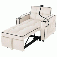 Merax fauteuil-lit 3 en 1 convertible, fauteuil relax et canapé-lit avec porte-gobelet, support téléphone, velours, beige - beige multi-matériau W