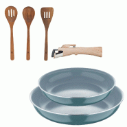 BERGNER - Ensemble de 2 poêles Ø24/28cm aluminium pressé recyclé vert avec manche amovible avec Ensemble de 3 pièces d'ustensiles de cuisine en A