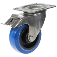 Roulette pivotante/frein de 100 mm en acier inoxydable avec caoutchouc élastique bleu sur centre en nylon Roulette pivotante/frein de 100 mm en acier inoxydable avec caoutchouc élastique bleu sur centre en nylon