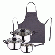 BERGNER - Batterie de cuisine 5 pièces 16/18/20cm en acier inoxydable compatible induction avec tablier de cuisine gris foncé 100% coton 75x80cm - m