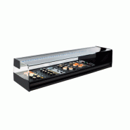 Vitrine réfrigérée à sushis - froid statique - design noir avec plaque froide et évaporateur supérieur Vitrine réfrigérée à sushis - froid statique - design noir avec plaque froide et évaporateur supérieur