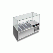 Vitrine réfrigérée en acier inoxydable pour 4 GN1/3. Température +2°C/+8°C. Thermostat électronique. Dimensions Lxlxh 120x39,5x43,5 cm. RWX1202 - 4643