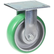 Roulette fixe de 160mm avec polyuréthane élastique convexe vert sur centre en fonte. Roulette fixe de 160mm avec polyuréthane élastique convexe vert sur centre en fonte.