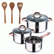 BERGNER - Batterie de cuisine 5 pièces Ø16/18/20cm en acier inoxydable compatible induction avec set de 3 ustensiles de cuisine en bois d'acacia AGR