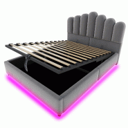 Merax Lit rembourré LED 140x200 cm, lit double en velours gris avec coffre hydraulique, sommier et tête volumineuse - gris multi-matériau LDU00628AAG