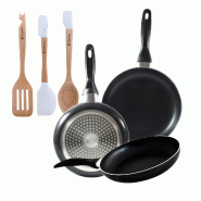 BERGNER - Jeu de 3 Poêles Aluminium Pressé Ø16/Ø20/Ø24 cm Compatible Induction Navy Black avec Set 3 Ustensiles en Silicone et Bois - PK9258