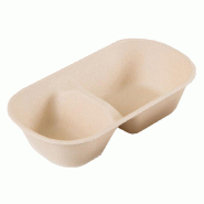 Barquette 2 compartiments en bagasse naturelle 1000cc 23,2x13,3x6cm - par 500