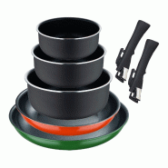 BERGNER Click&Cook - Ensemble de 2 poêles Ø22/Ø26 cm avec 3 casseroles Heat Dot Ø16/Ø18/Ø20 cm noires et 2 poignées amovibles en aluminium embo