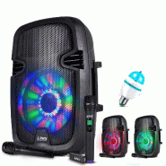Enceinte karaoké sur batterie PARTY7 à LEDs RVB 300W USB/BT/FM + 2 MICRO + Ampoule Mini DIAMS RVB - 3701123910364