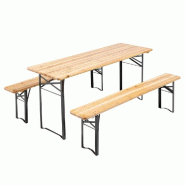 Table et bancs pliants brasserie, table 180x60x76 cm + 2 bancs bois 180x25x46cm