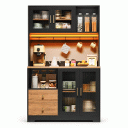 Merax Meuble de cuisine 110 x 40 x 178 cm avec LED, prises, 5 crochets, vitrine, casier à vin et coin café, noir/bois - noir multi-matériau N635P48 Merax Meuble de cuisine 110 x 40 x 178 cm avec LED, prises, 5 crochets, vitrine, casier à vin et coin café, noir/bois - noir multi-matériau N635P48
