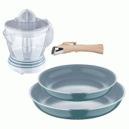 BERGNER - Jeu de 2 Poêles Ø22/26 cm en Aluminium Embouti Vert Compatible Induction avec Manche Amovible et Presse-agrumes 40 W - 1,2 L - PK9600