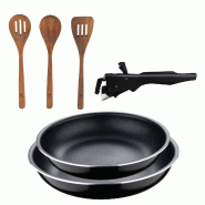 BERGNER - Set de 2 Poêles Ø22/26 cm en Aluminium Pressé avec Manche Amovible avec Set de 3 Ustensiles de Cuisine en Acacia - PK9571