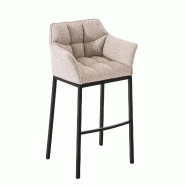 Décoshop26 - Tabouret de bar chaise haute de comptoir couture carrées assise en tissu crème 4 pieds stables en métal noir 10_0004703 - beige méta
