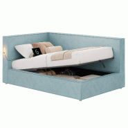 Merax Méridienne rembourrée 90 x 200 cm avec rangements hydrauliques, sommier à lattes, LED, ports USB/Type C et velours bleu - bleu multi-matéria_0