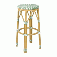 Lot de 2 tabourets de bar empilables, motifs chevrons, structure en aluminium finition bois, assise rotin vert clair et blanc Lot de 2 tabourets de bar empilables, motifs chevrons, structure en aluminium finition bois, assise rotin vert clair et blanc
