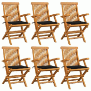 VidaXL Chaises De Jardin Avec Coussins Noir Lot De 6 Bois Teck Massif - noir 3062548