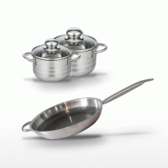Batterie de cuisine avec 1 poêle de cuisson 32 cm et 2 faitouts 16/14 cm en acier inoxydable sans PFAS Elo Collection Relief Solution Brillant - gris_0