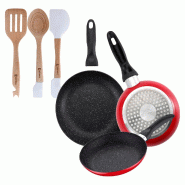BERGNER - Jeu de 3 Poêles avec Revêtement en Marbre Ø16/Ø20/Ø24 cm Set 3 Ustensiles en Silicone et Bois - PK9178