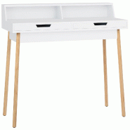 Décoshop26 - Bureau moderne blanc avec tiroirs et étagères – Pieds en chêne naturel 140 cm 10_0009191 - blanc 3000267055413