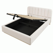 Merax Lit rembourré LED 140 x 200 cm, lit double avec sommier hydraulique, sommier à lattes, tête de lit rembourrée, housse en chenille, beige - b