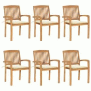 VidaXL Chaises De Jardin Empilables Avec Coussins Lot De 6 Teck Solide - beige 3073227 VidaXL Chaises De Jardin Empilables Avec Coussins Lot De 6 Teck Solide - beige 3073227