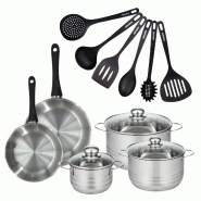 Batterie de cuisine avec 2 poêles 20/24 cm et 3 faitouts 16/20/24 cm avec 6 ustensiles de cuisine sans PFAS Fackelmann Généva Brillant Fénix - gri_0