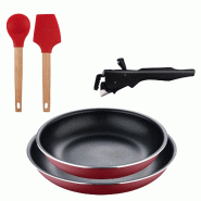 BERGNER - Jeu de 2 Poêles Ø22/26 cm en Aluminium Embouti Rouge avec Manche Amovible et Jeu de 2 Ustensiles de Cuisine EXCALIBUR - PK9665