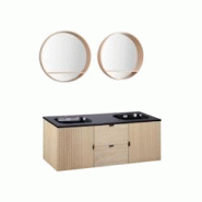 MOB-IN Meuble double vasque 140cm chêne STUDIO suspendu + miroir rond - beige 3760232703250 MOB-IN Meuble double vasque 140cm chêne STUDIO suspendu + miroir rond - beige 3760232703250