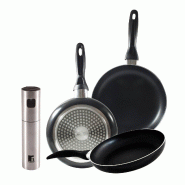 BERGNER - Set de 3 poêles en aluminium pressé Ø16/Ø20/Ø24cm compatible induction Navy Black avec pulvérisateur d’huile/vinaigre en acier inoxy