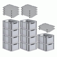 PROREGAL 10x Bac Euro NextGen Economy avec couvercle d'appui et 4 fermetures à glissière noires poignées ouvertes 22x30x40cm 20L - noir plastique R