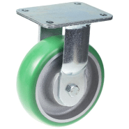 Roulette fixe de 160mm avec polyuréthane élastique convexe vert sur centre en fonte. Roulette fixe de 160mm avec polyuréthane élastique convexe vert sur centre en fonte.
