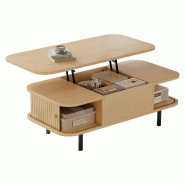Merax Table basse réglable en hauteur 101 x 51 x 52,5 cm avec 2 portes à volets roulants, rangements et plan de travail, coloris bois naturel - Bois