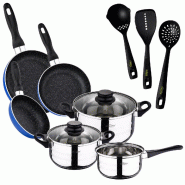 San Ignacio - Batterie de Cuisine Toledo 5 pièces en Acier Inoxydable avec 3 Poêles Navy Blue Paradise Ø16/20/24 cm et Set de 3 Ustensiles de Cuisi