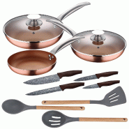 San Ignacio - Jeu 3 Poêles 20/24/28cm aluminium Pressé compatible Induction avec Jeu d'Ustensiles de Cuisine et Couteaux Daimiel en Acier Inoxydable