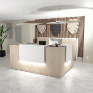 Banque d'accueil d'angle Delta avec 2 réhausses - 244, Blanc mat, Droite, Acacia clair, Oui_0
