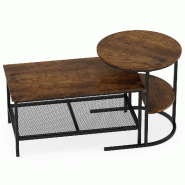 COSTWAY Lot 2 Tables, Aspect Marbre avec Cadre Métallique et Étagère, pour Salon et Chambre, Marron Rustique - marron Bois manufacturé VH35316OR