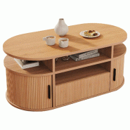 Merax Table basse ovale 100 x 50 x 40 cm avec 1 tiroir à pression, 2 volets roulants et compartiments ouverts, coloris bois naturel - Bois manufactur