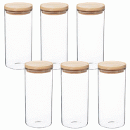 WellHome - Lot de 6 bocaux en verre et bois de 1,3 L, couleur beige - transparent verre PK3934