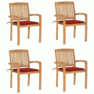 VidaXL Chaises De Jardin Empilables Avec Coussins Lot De 4 Teck Solide - rouge 3073216 VidaXL Chaises De Jardin Empilables Avec Coussins Lot De 4 Teck Solide - rouge 3073216