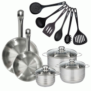 Batterie de cuisine 2 poêles 24/28 cm, 3 faitouts 20/24/16 cm et 6 ustensiles de cuisine Fackelmann Eterna - gris inox 3176239935226