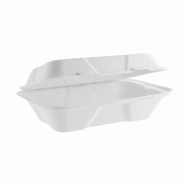 Boîtes repas en bagasse compostables avec couvercle à charnière 228mm (Lot de 200) - 228 x 155 x 74 mm - VEGWARE - blanc Bagasse VA-SH89
