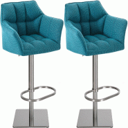 Décoshop26 - Lot de 2 tabourets de bar réglable en tissu turquoise assise enveloppante capitonnée et avec base carrée en acier 10_0006296 - acier