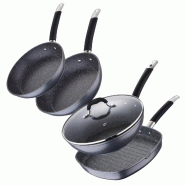 Masterpro - Jeu de 2 Poêles Ø20/Ø24 cm, Wok Ø28 cm et Poêle Grill 28x28x4,5 cm en Aluminium Forgé Compatibles Induction Couleur Gris - PK9029