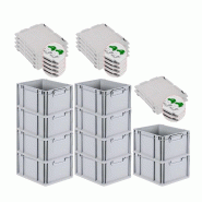 PROREGAL 10x Bac Euro NextGen Economy couvercle à charnières, fermetures à glissière vertes, poignées fermées, 22x30x40cm, 20L - noir plastique