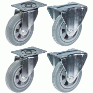 Roulette 160mm 6" à bandage caoutchouc gris, pivotante et fixe, capacité de 540kg, jeu de 4 Roulette 160mm 6" à bandage caoutchouc gris, pivotante et fixe, capacité de 540kg, jeu de 4